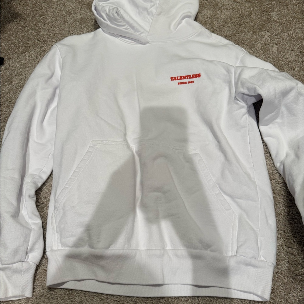 TALENTLESS White Hoodie with Red Logo
